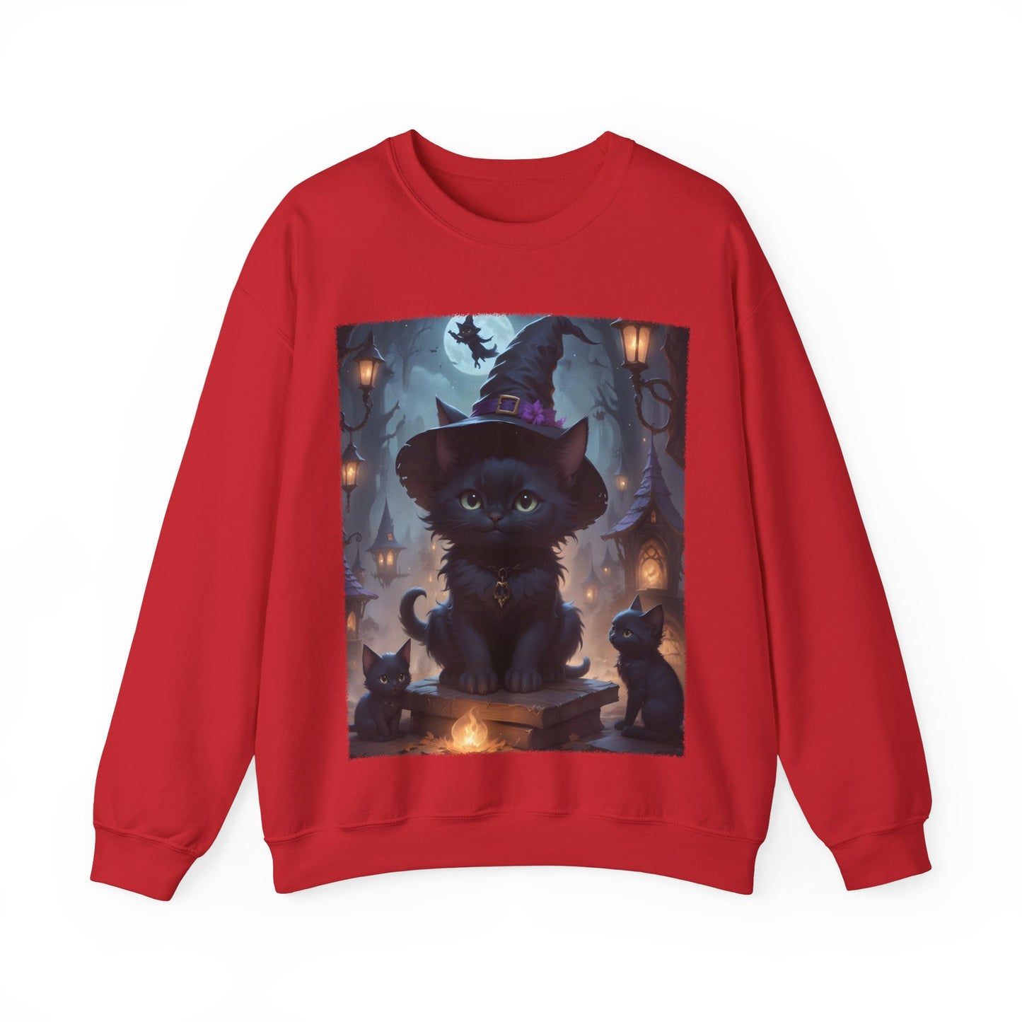 Halloween Fantasy Crewneck Sweatshirt, Cute Smiling Witch Kitten Adventure, Unisex  Sweatshirt, Halloween Costume, Halloween Gift, Witch Cat