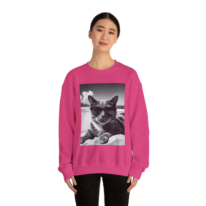 Cool Beach Cat Sweatshirt, Sunglasses Cat Jumper, Summer Kitten Crewneck, Funny Animal Pullover, Beach Vibes Hoodie, Cat Lover Gift