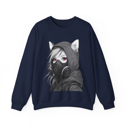 Future Anime Girl mit Gasmaske Sweatshirt /Schwarzes Unisex Streetwear Shirt, Katzengirl Design, Geschenk für Anime- und Sci-Fi-Fans