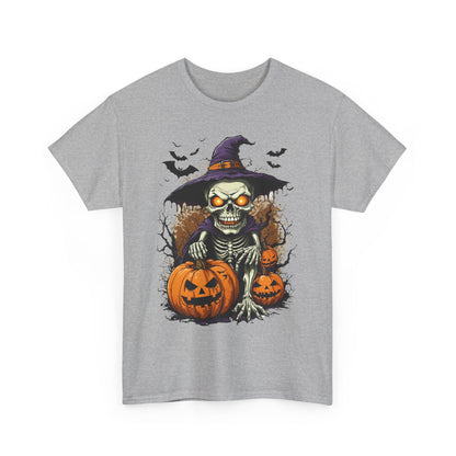 Halloween Pumpkin Skeleton Witch Tee, Spooky Unisex T-Shirt, Fall Season Shirt, Jack-O-Lantern Costume Top, Autumn Witch Theme Apparel