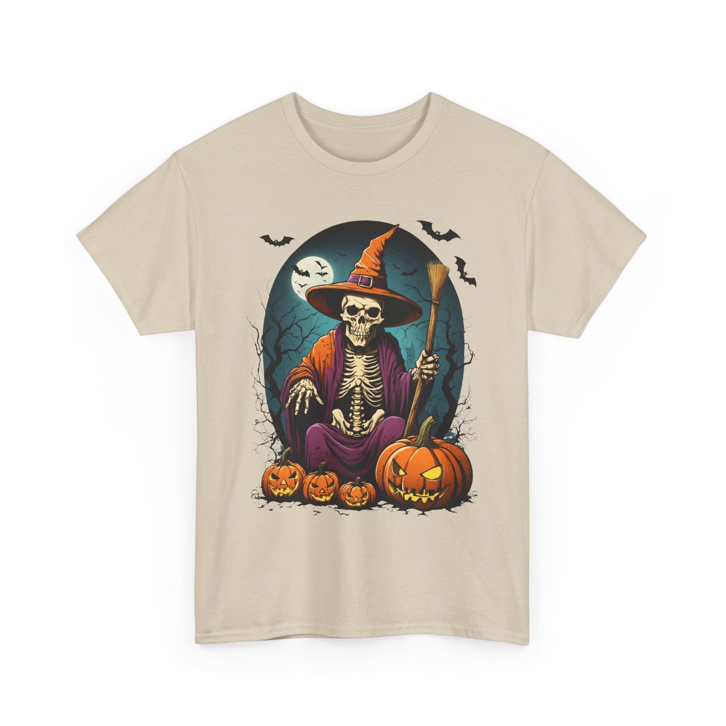 Halloween Pumpkin Skeleton Witch Tee, Spooky Unisex T-Shirt, Fall Season Shirt, Jack-O-Lantern Costume Top, Autumn Witch Theme Apparel