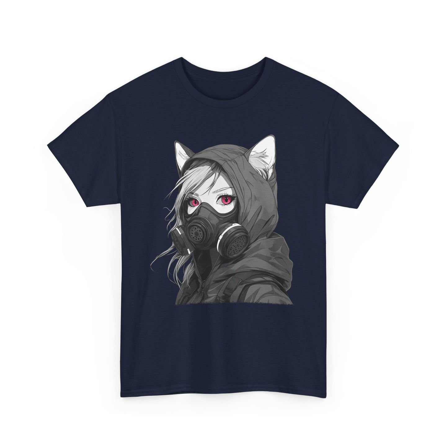 Futuristisches Anime Girl mit Gasmaske T-Shirt / Schwarzes Unisex Streetwear Shirt, Katzengirl Design, Geschenk für Anime- und Sci-Fi-Fans