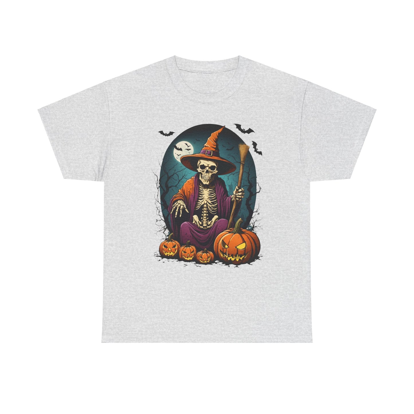 Halloween Pumpkin Skeleton Witch Tee, Spooky Unisex T-Shirt, Fall Season Shirt, Jack-O-Lantern Costume Top, Autumn Witch Theme Apparel