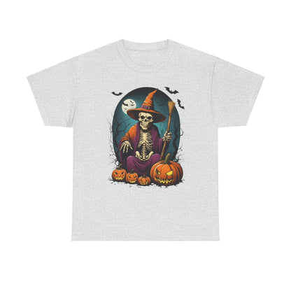 Halloween Pumpkin Skeleton Witch Tee, Spooky Unisex T-Shirt, Fall Season Shirt, Jack-O-Lantern Costume Top, Autumn Witch Theme Apparel