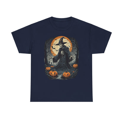 Halloween Pumpkin Skeleton Witch Tee, Spooky Unisex T-Shirt, Fall Season Shirt, Jack-O-Lantern Costume Top, Autumn Witch Theme Apparel