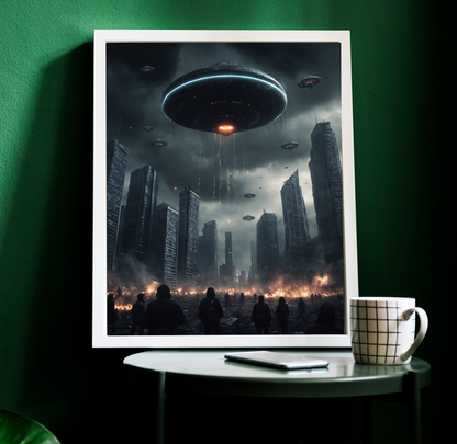 Alien Invasion Poster Sci-Fi Wanddekor mit Aliens & UFOs, Vintage Alien Art Print, Futuristisches Geschenk für Sci-Fi Liebhaber