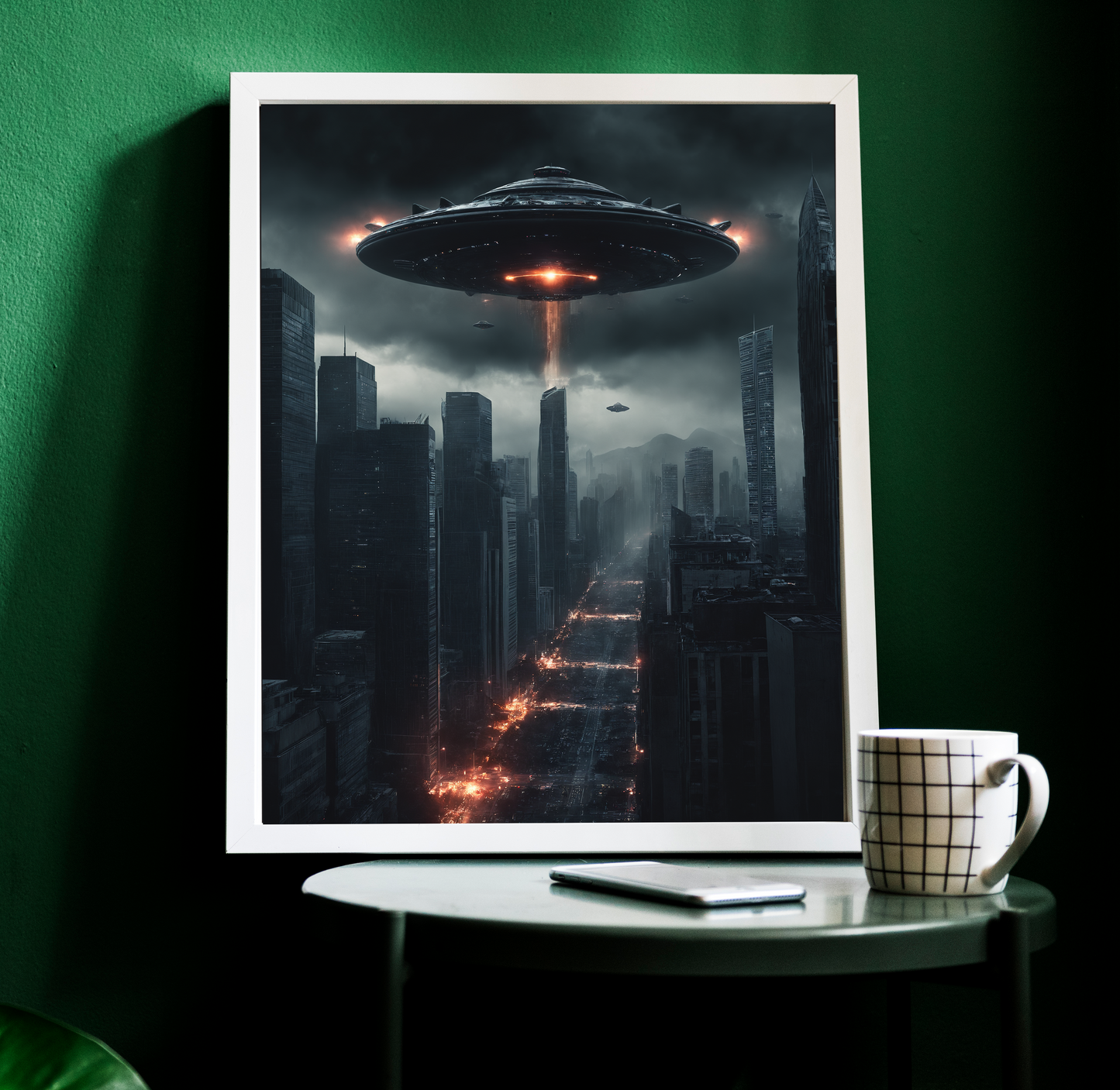 Alien Invasion Poster Burning City Sci-Fi Wanddekor mit Aliens & UFOs, Vintage Alien Art Print, Futuristisches Geschenk für Sci-Fi Liebhabe