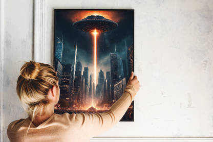 Alien Invasion Poster Sci-Fi Wanddekor mit Aliens & UFOs, Vintage Alien Art Print, Futuristisches Geschenk für Sci-Fi Liebhabe