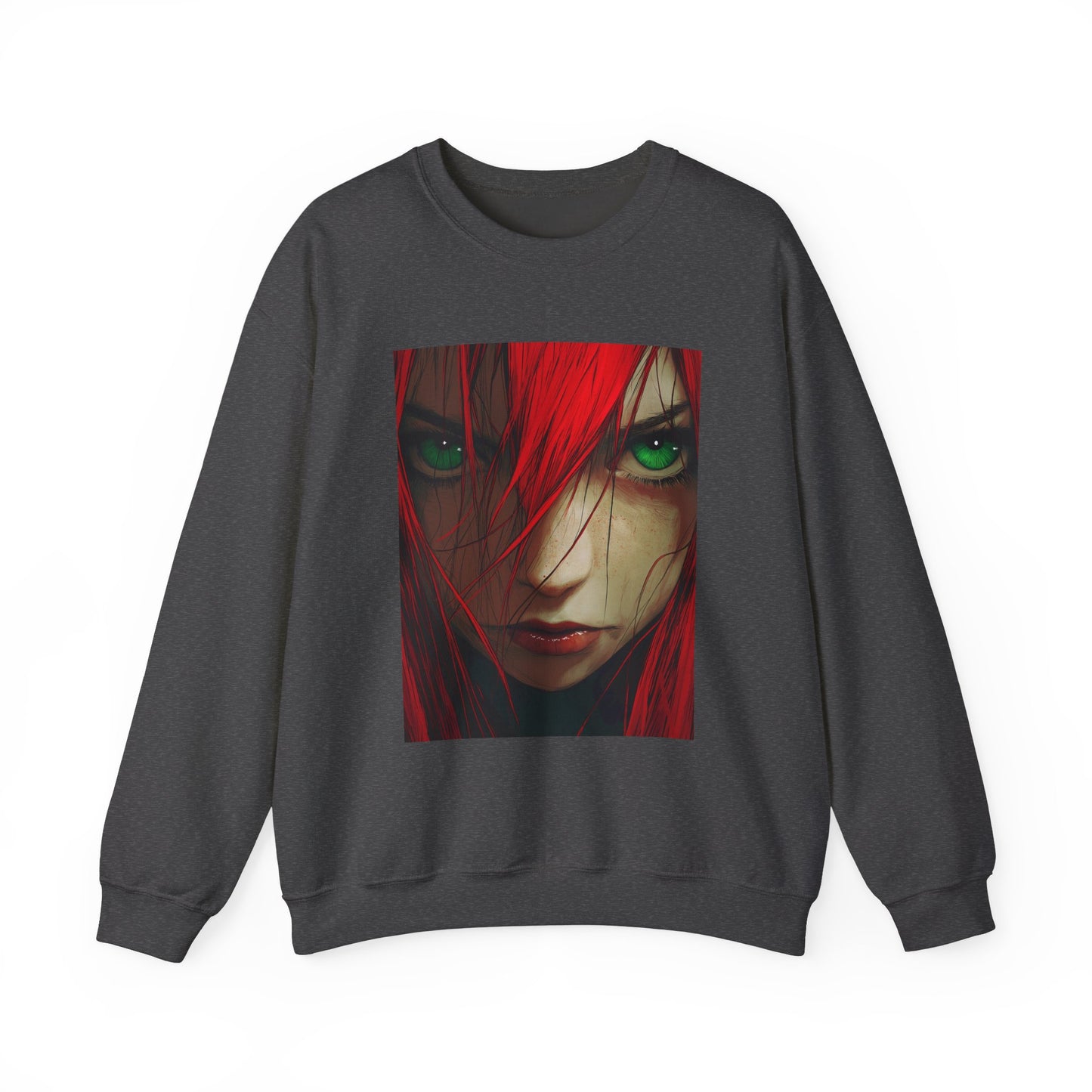 Red-Haired Anime Woman Crewneck Sweatshirt, Manga Style, Japanese Anime Gift, Green Eyed Anime Character, Asian Cartoon Apparel, Anime Fan