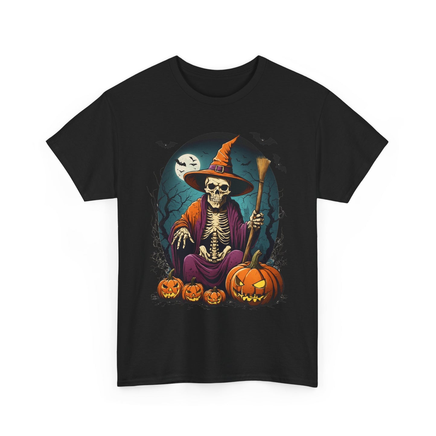 Halloween Pumpkin Skeleton Witch Tee, Spooky Unisex T-Shirt, Fall Season Shirt, Jack-O-Lantern Costume Top, Autumn Witch Theme Apparel