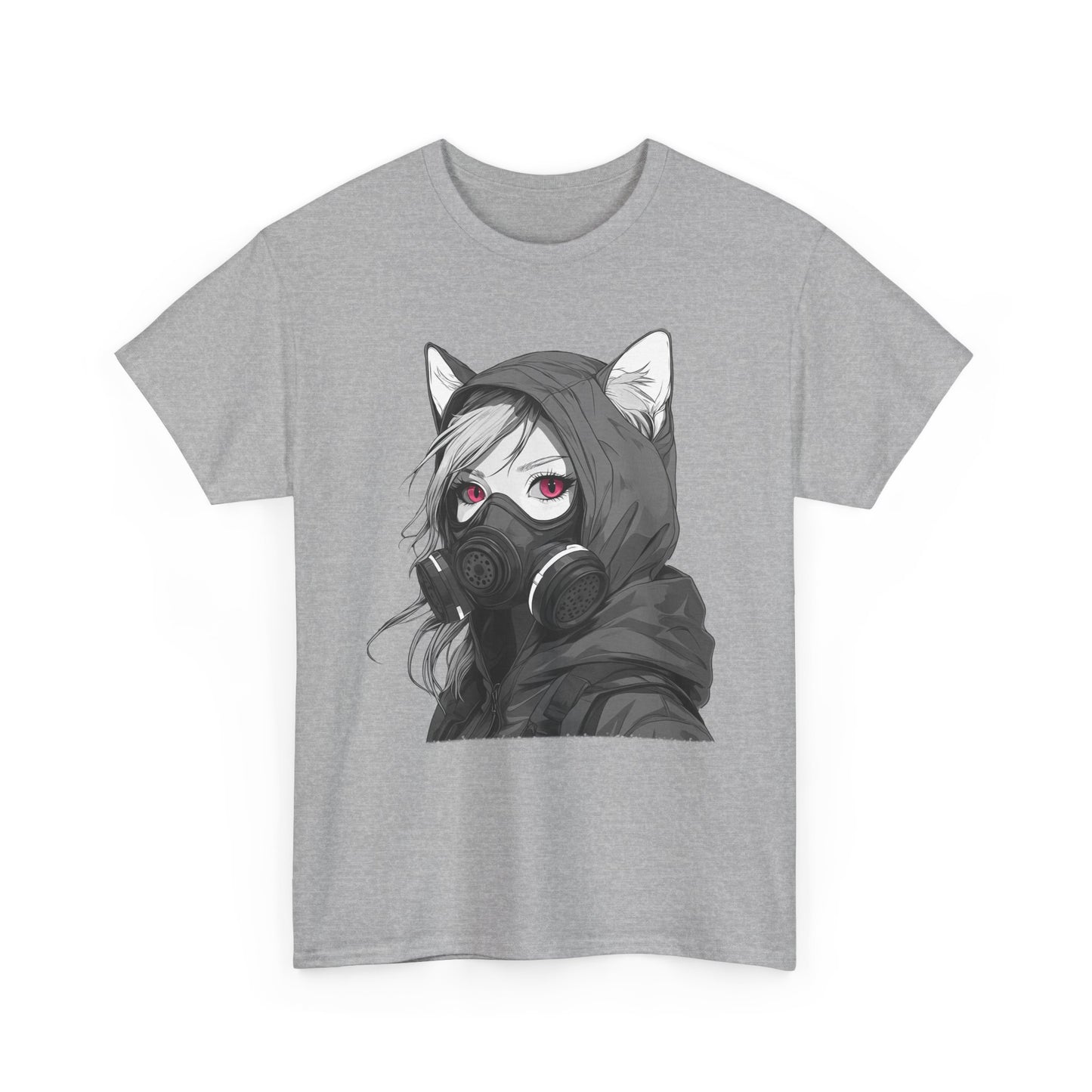 Futuristisches Anime Girl mit Gasmaske T-Shirt / Schwarzes Unisex Streetwear Shirt, Katzengirl Design, Geschenk für Anime- und Sci-Fi-Fans