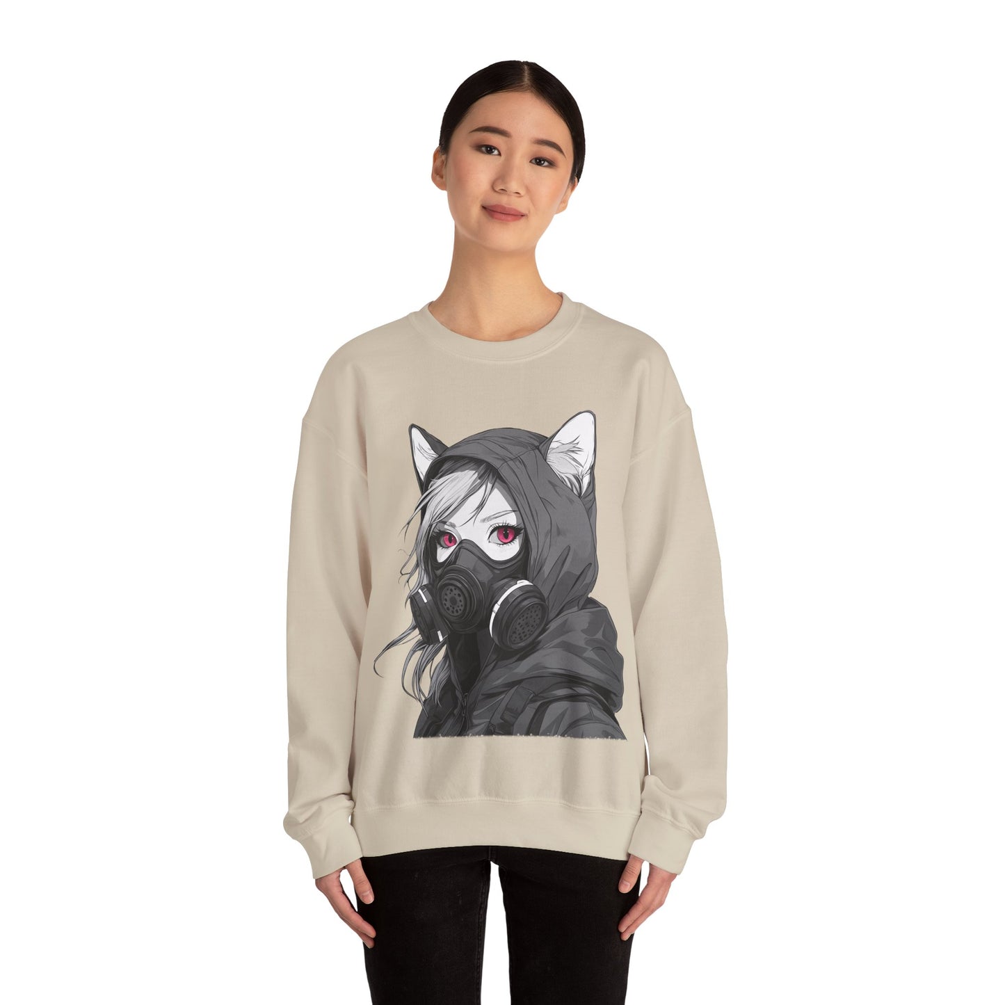 Future Anime Girl mit Gasmaske Sweatshirt /Schwarzes Unisex Streetwear Shirt, Katzengirl Design, Geschenk für Anime- und Sci-Fi-Fans