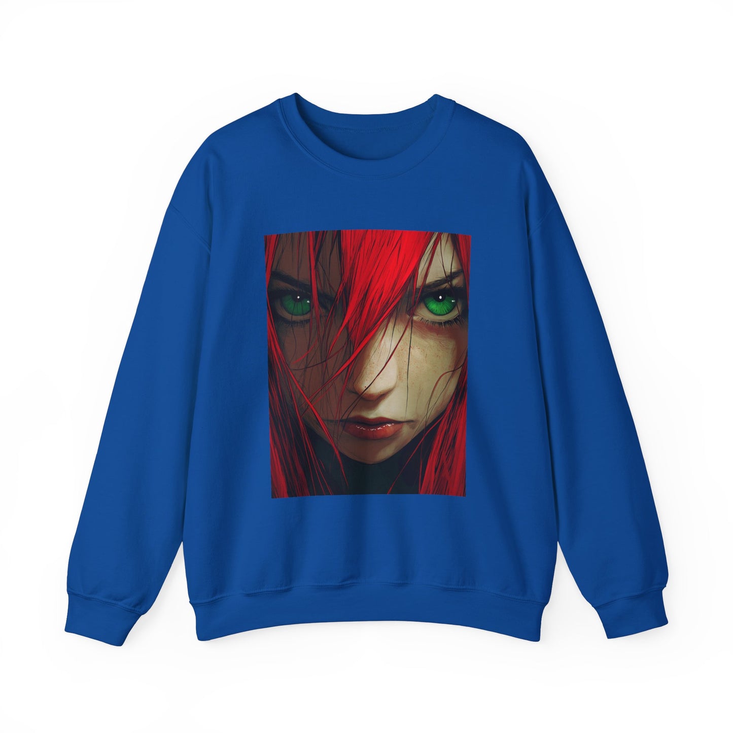 Red-Haired Anime Woman Crewneck Sweatshirt, Manga Style, Japanese Anime Gift, Green Eyed Anime Character, Asian Cartoon Apparel, Anime Fan