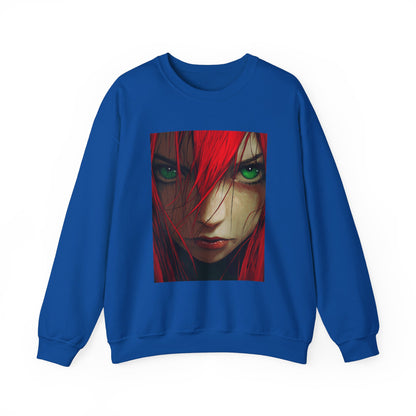 Red-Haired Anime Woman Crewneck Sweatshirt, Manga Style, Japanese Anime Gift, Green Eyed Anime Character, Asian Cartoon Apparel, Anime Fan