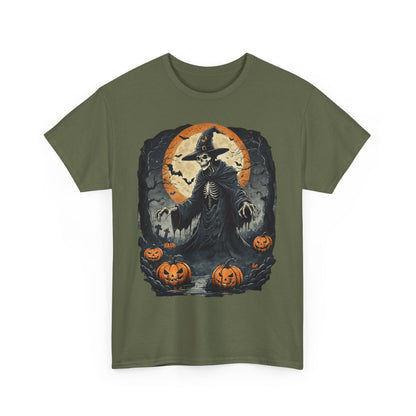 Halloween Pumpkin Skeleton Witch Tee, Spooky Unisex T-Shirt, Fall Season Shirt, Jack-O-Lantern Costume Top, Autumn Witch Theme Apparel