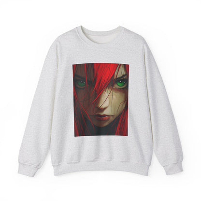 Red-Haired Anime Woman Crewneck Sweatshirt, Manga Style, Japanese Anime Gift, Green Eyed Anime Character, Asian Cartoon Apparel, Anime Fan