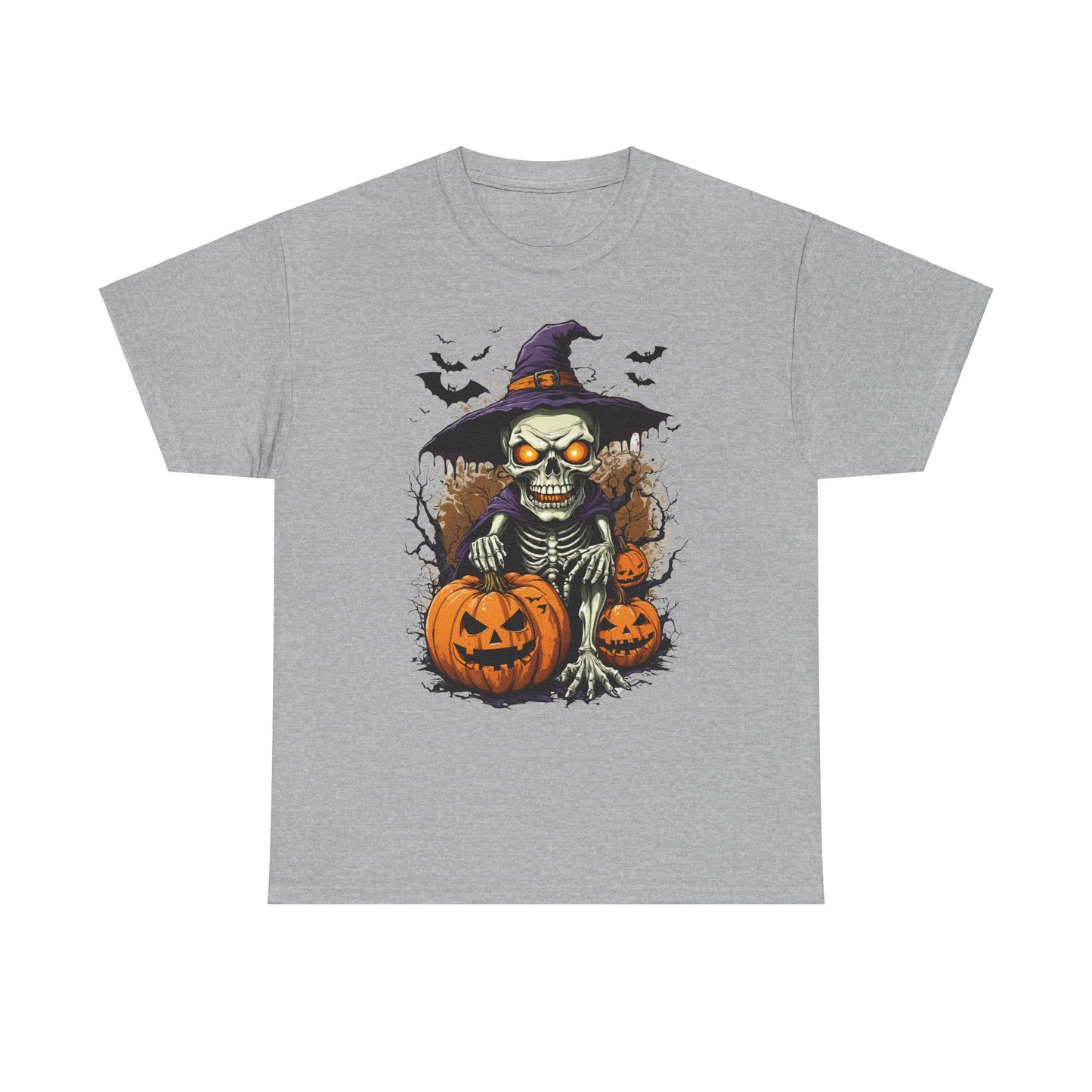 Halloween Pumpkin Skeleton Witch Tee, Spooky Unisex T-Shirt, Fall Season Shirt, Jack-O-Lantern Costume Top, Autumn Witch Theme Apparel