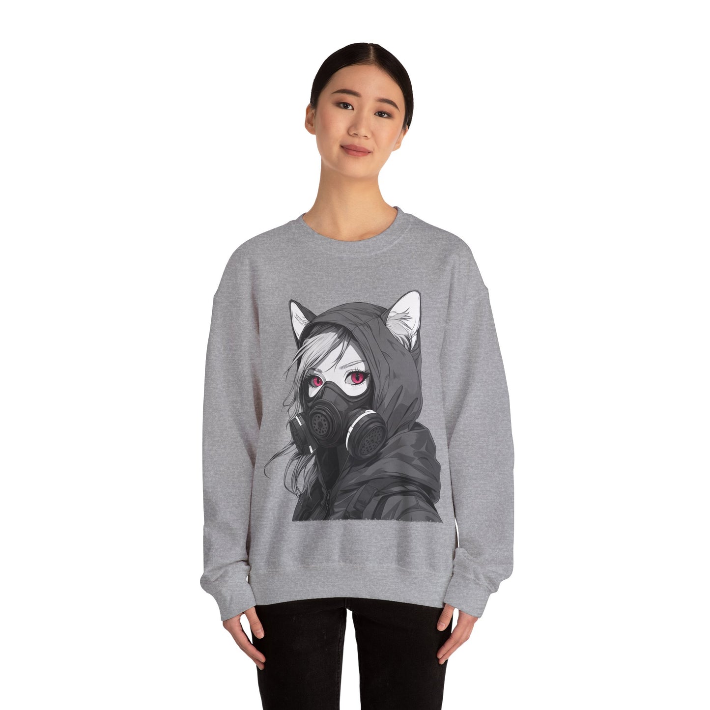 Future Anime Girl mit Gasmaske Sweatshirt /Schwarzes Unisex Streetwear Shirt, Katzengirl Design, Geschenk für Anime- und Sci-Fi-Fans