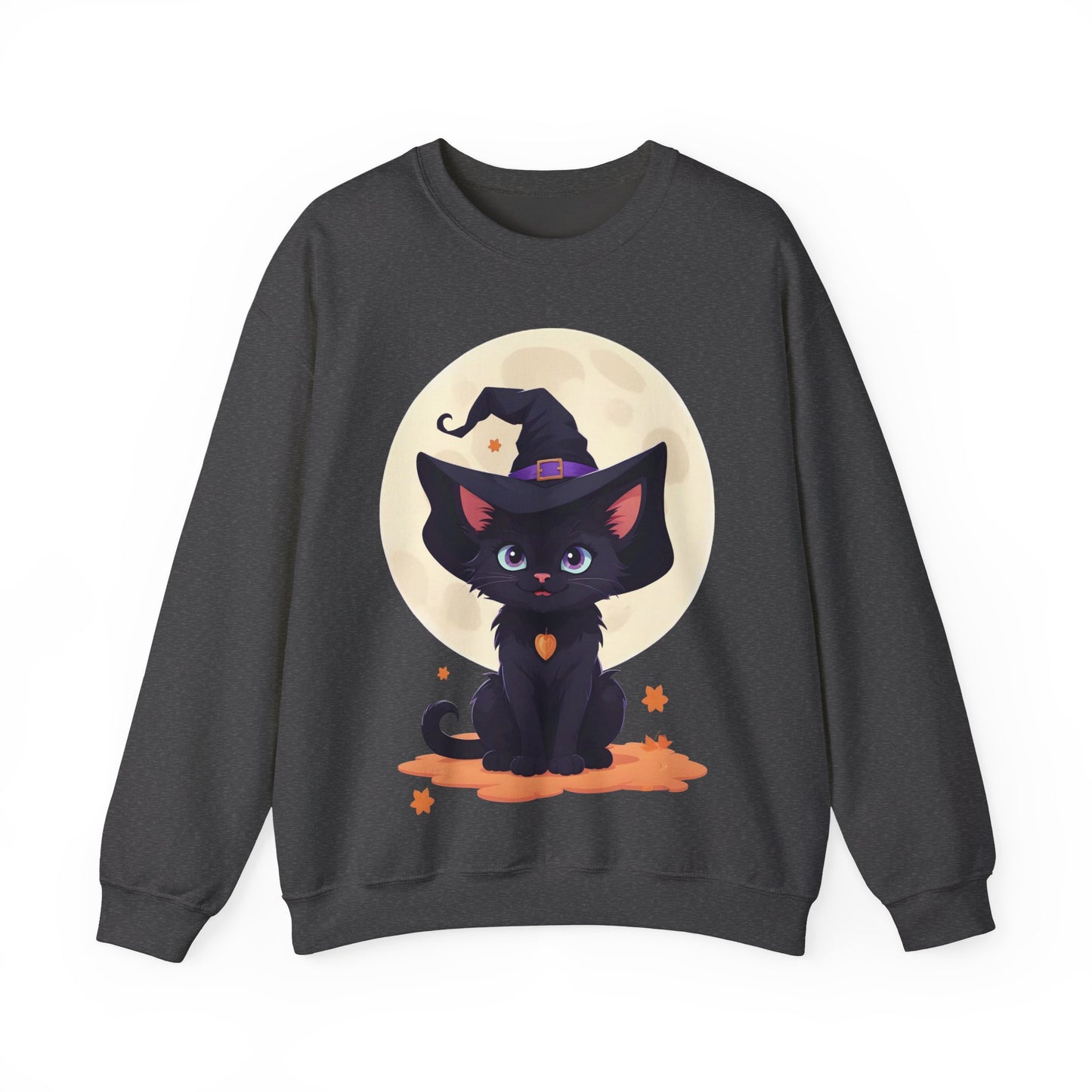 Halloween Fantasy Cute Smiling black Witch Kitten Sweatshirt, Halloween Sweatshirt, Witch Kitten Sweater, Fantasy Crewneck, Cute Halloween