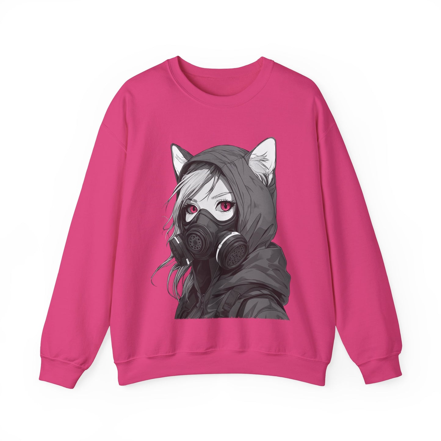 Future Anime Girl mit Gasmaske Sweatshirt /Schwarzes Unisex Streetwear Shirt, Katzengirl Design, Geschenk für Anime- und Sci-Fi-Fans