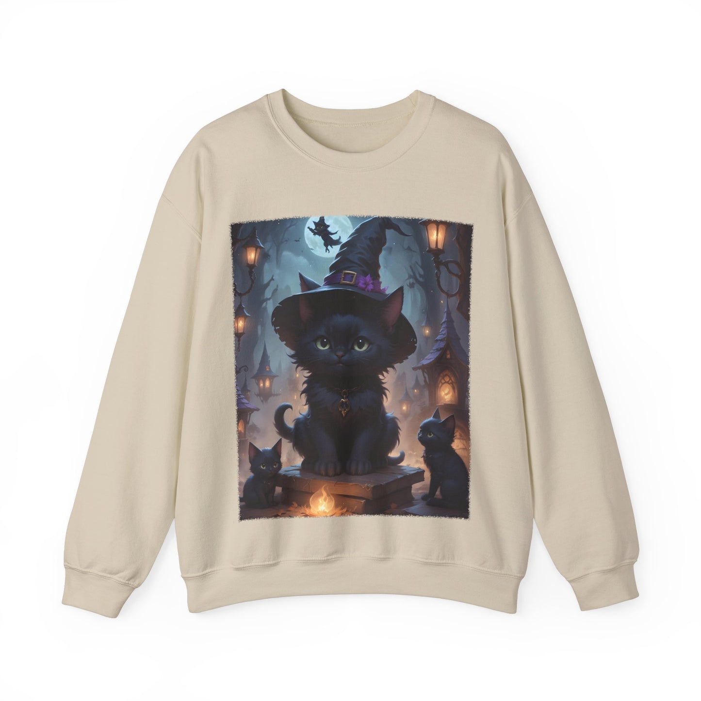 Halloween Fantasy Crewneck Sweatshirt, Cute Smiling Witch Kitten Adventure, Unisex  Sweatshirt, Halloween Costume, Halloween Gift, Witch Cat