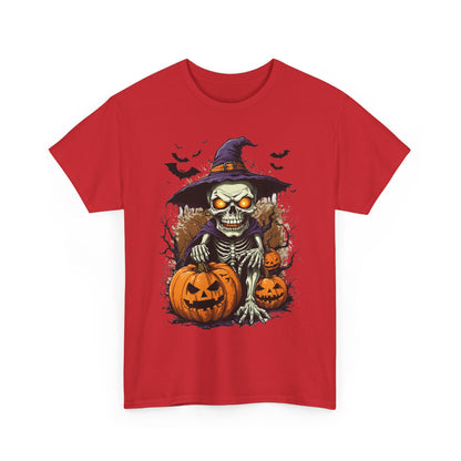 Halloween Pumpkin Skeleton Witch Tee, Spooky Unisex T-Shirt, Fall Season Shirt, Jack-O-Lantern Costume Top, Autumn Witch Theme Apparel