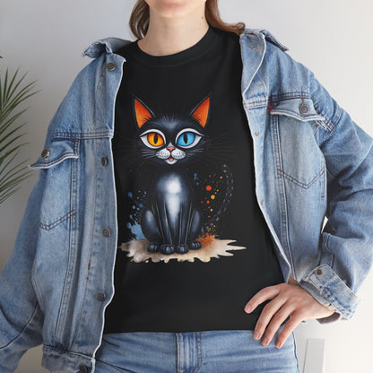 Buntes Katzen T-Shirt / Schwarze Katze mit heterochromen Augen / Lustiger Katzenpullover / Geschenk / Katzenliebhaber