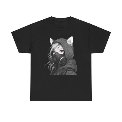 Futuristisches Anime Girl mit Gasmaske T-Shirt / Schwarzes Unisex Streetwear Shirt, Katzengirl Design, Geschenk für Anime- und Sci-Fi-Fans