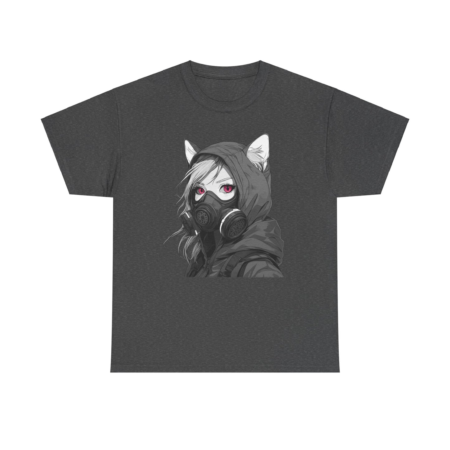 Futuristisches Anime Girl mit Gasmaske T-Shirt / Schwarzes Unisex Streetwear Shirt, Katzengirl Design, Geschenk für Anime- und Sci-Fi-Fans