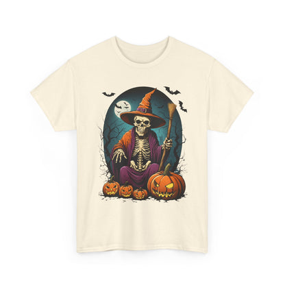 Halloween Pumpkin Skeleton Witch Tee, Spooky Unisex T-Shirt, Fall Season Shirt, Jack-O-Lantern Costume Top, Autumn Witch Theme Apparel