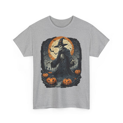 Halloween Pumpkin Skeleton Witch Tee, Spooky Unisex T-Shirt, Fall Season Shirt, Jack-O-Lantern Costume Top, Autumn Witch Theme Apparel