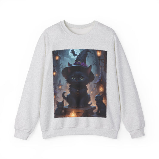 Halloween Fantasy Crewneck Sweatshirt, Cute Smiling Witch Kitten Adventure, Unisex  Sweatshirt, Halloween Costume, Halloween Gift, Witch Cat