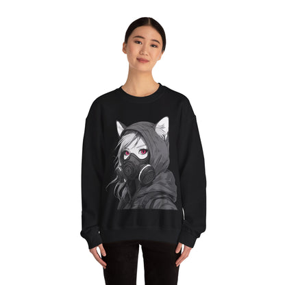 Future Anime Girl mit Gasmaske Sweatshirt /Schwarzes Unisex Streetwear Shirt, Katzengirl Design, Geschenk für Anime- und Sci-Fi-Fans