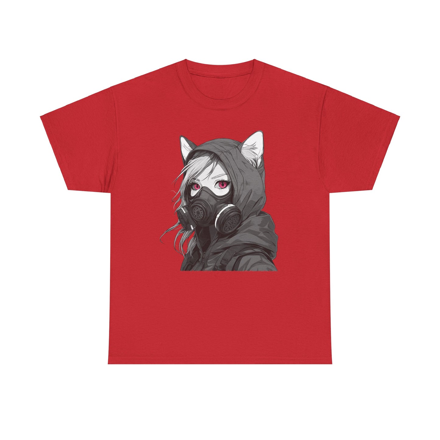 Futuristisches Anime Girl mit Gasmaske T-Shirt / Schwarzes Unisex Streetwear Shirt, Katzengirl Design, Geschenk für Anime- und Sci-Fi-Fans