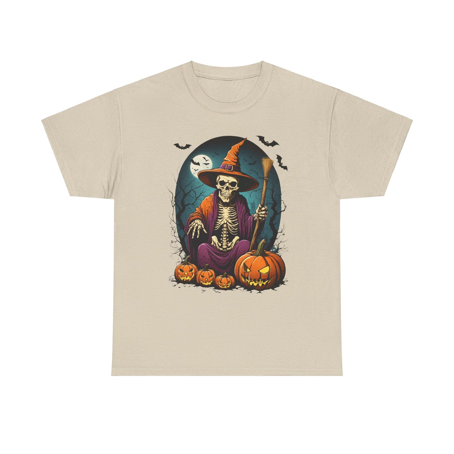 Halloween Pumpkin Skeleton Witch Tee, Spooky Unisex T-Shirt, Fall Season Shirt, Jack-O-Lantern Costume Top, Autumn Witch Theme Apparel