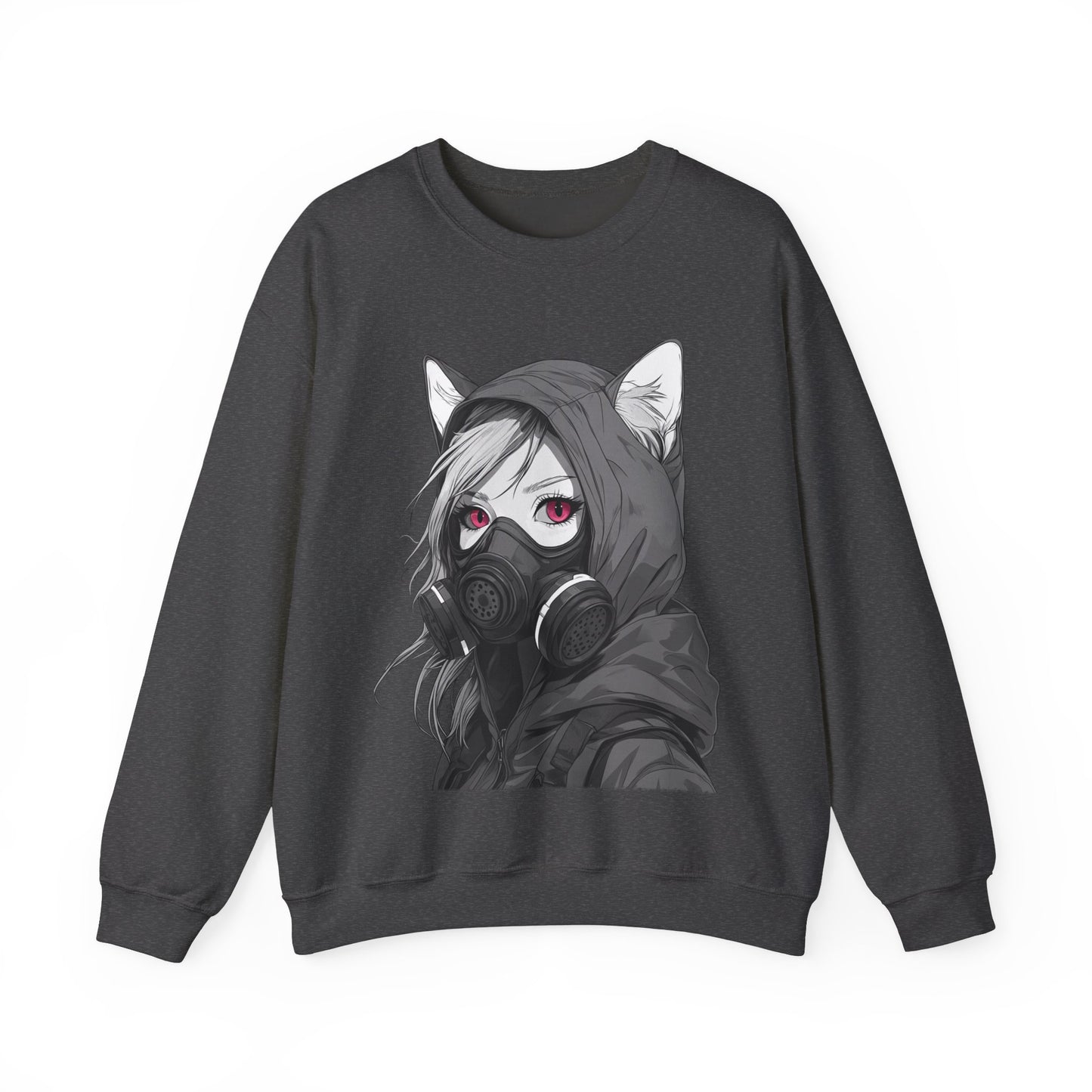 Future Anime Girl mit Gasmaske Sweatshirt /Schwarzes Unisex Streetwear Shirt, Katzengirl Design, Geschenk für Anime- und Sci-Fi-Fans