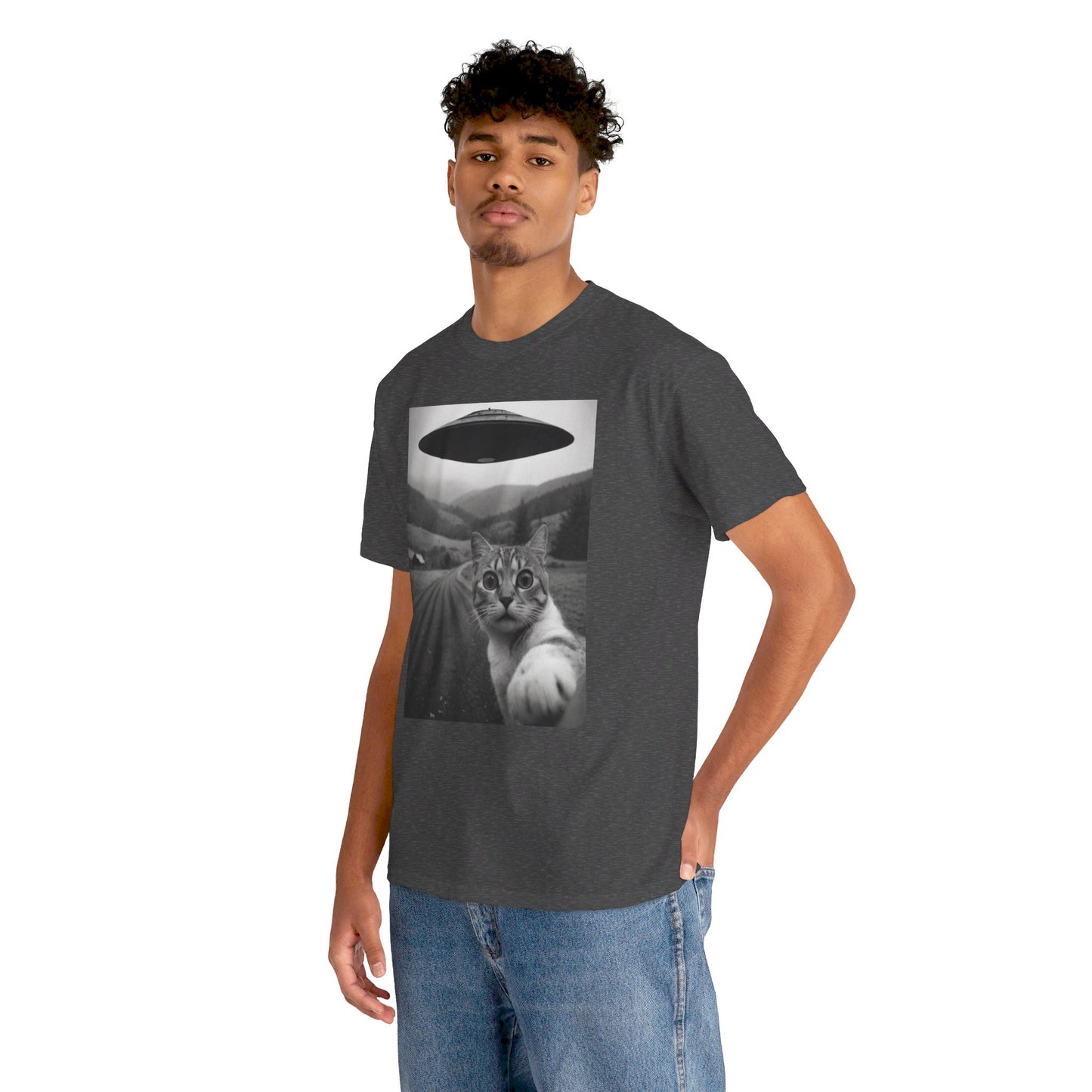 UFO Cat Tee, Alien Kitty Shirt, Space Cat Tshirt, Extraterrestrial Feline Top, Funny Cat Lover Gift