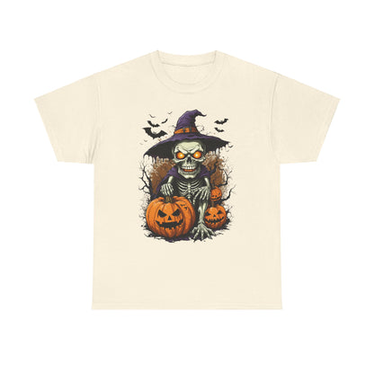 Halloween Pumpkin Skeleton Witch Tee, Spooky Unisex T-Shirt, Fall Season Shirt, Jack-O-Lantern Costume Top, Autumn Witch Theme Apparel