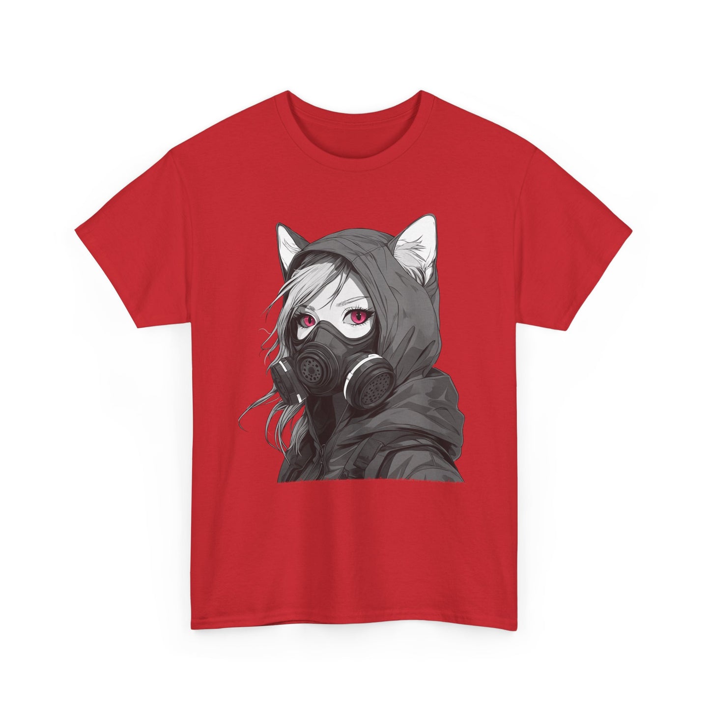 Futuristisches Anime Girl mit Gasmaske T-Shirt / Schwarzes Unisex Streetwear Shirt, Katzengirl Design, Geschenk für Anime- und Sci-Fi-Fans