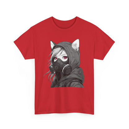 Futuristisches Anime Girl mit Gasmaske T-Shirt / Schwarzes Unisex Streetwear Shirt, Katzengirl Design, Geschenk für Anime- und Sci-Fi-Fans