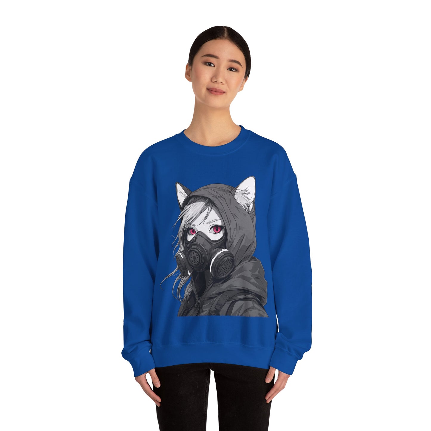 Future Anime Girl mit Gasmaske Sweatshirt /Schwarzes Unisex Streetwear Shirt, Katzengirl Design, Geschenk für Anime- und Sci-Fi-Fans