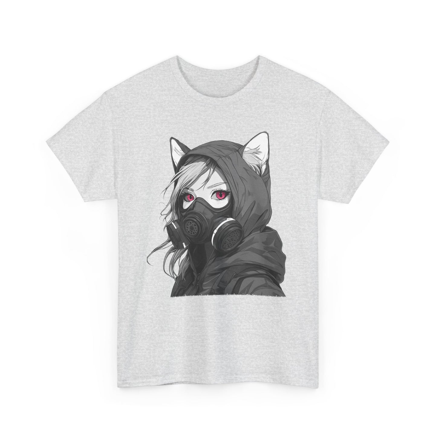 Futuristisches Anime Girl mit Gasmaske T-Shirt / Schwarzes Unisex Streetwear Shirt, Katzengirl Design, Geschenk für Anime- und Sci-Fi-Fans