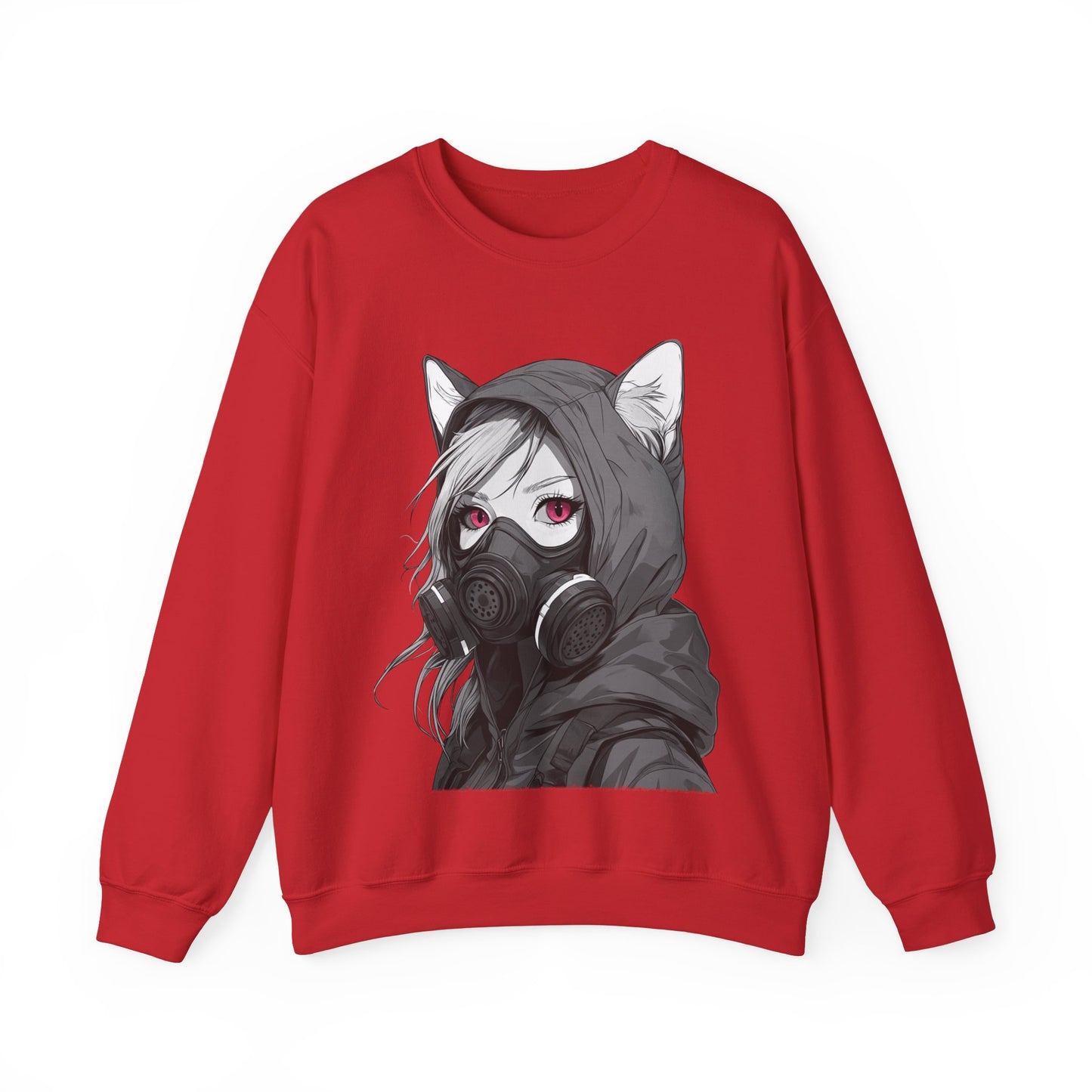 Future Anime Girl mit Gasmaske Sweatshirt /Schwarzes Unisex Streetwear Shirt, Katzengirl Design, Geschenk für Anime- und Sci-Fi-Fans