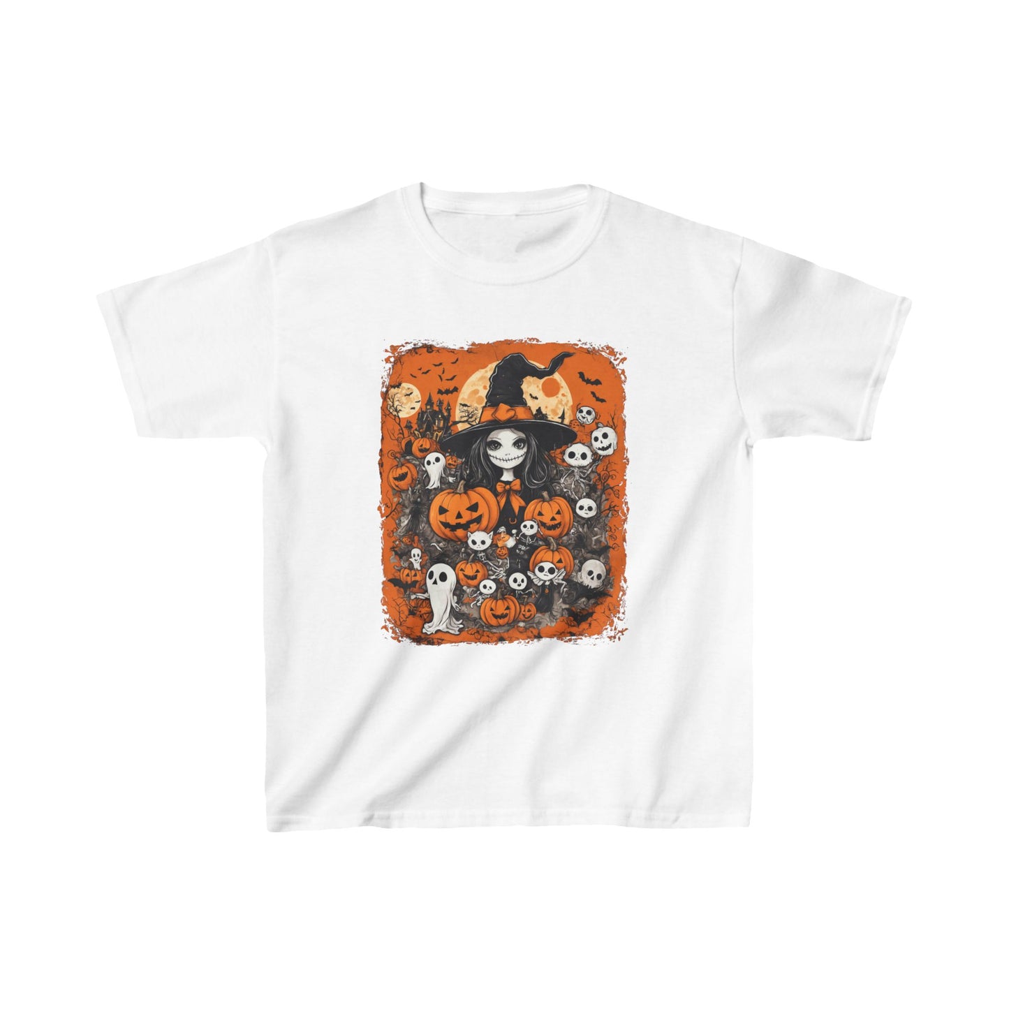 Kids T-Shirt, Halloween Witch Girl with Pumpkins and Ghosts, Halloween Tee for Children, Spooky Shirt for Kids, Trick or Treat Costume Top,