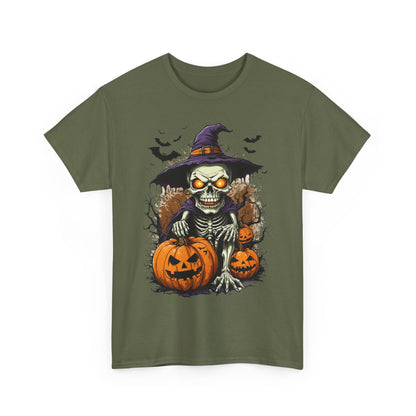 Halloween Pumpkin Skeleton Witch Tee, Spooky Unisex T-Shirt, Fall Season Shirt, Jack-O-Lantern Costume Top, Autumn Witch Theme Apparel