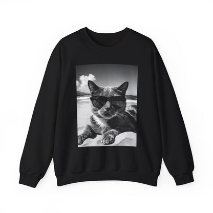 Cool Beach Cat Sweatshirt, Sunglasses Cat Jumper, Summer Kitten Crewneck, Funny Animal Pullover, Beach Vibes Hoodie, Cat Lover Gift