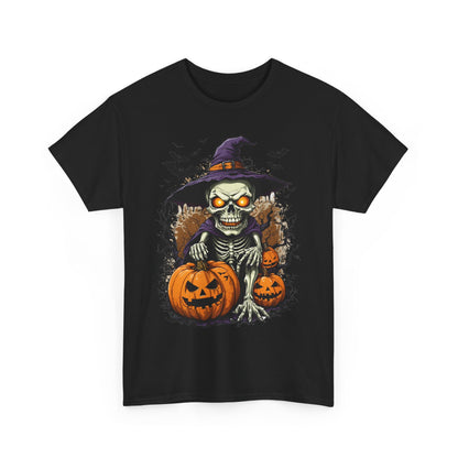 Halloween Pumpkin Skeleton Witch Tee, Spooky Unisex T-Shirt, Fall Season Shirt, Jack-O-Lantern Costume Top, Autumn Witch Theme Apparel