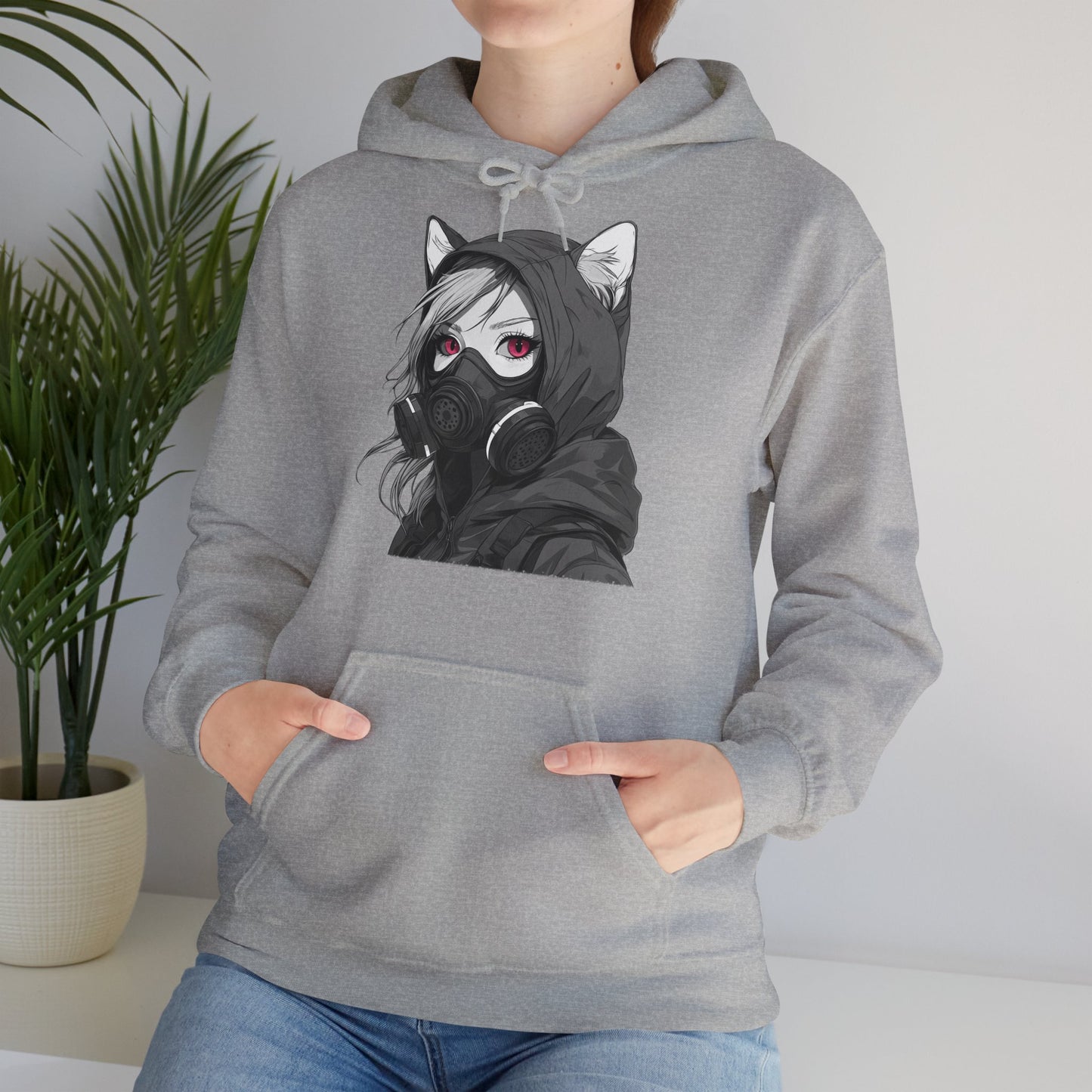 Anime Girl mit Gasmaske T-Shirt / Mask, Schwarzes Unisex Hoodie, Katzengirl Design, Geschenk für Anime- und Sci-Fi-Fans Unisex Heavy Blend™