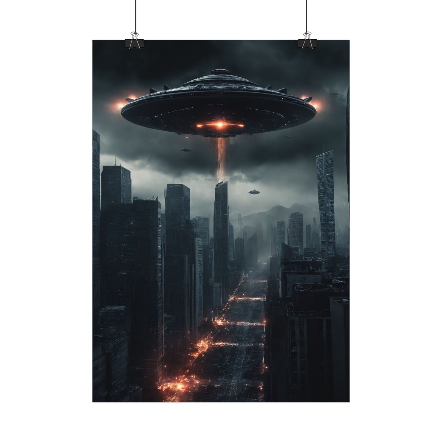 Alien Invasion Poster Burning City Sci-Fi Wanddekor mit Aliens & UFOs, Vintage Alien Art Print, Futuristisches Geschenk für Sci-Fi Liebhabe