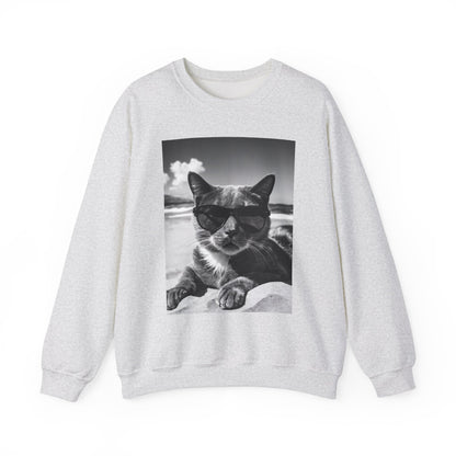 Cool Beach Cat Sweatshirt, Sunglasses Cat Jumper, Summer Kitten Crewneck, Funny Animal Pullover, Beach Vibes Hoodie, Cat Lover Gift